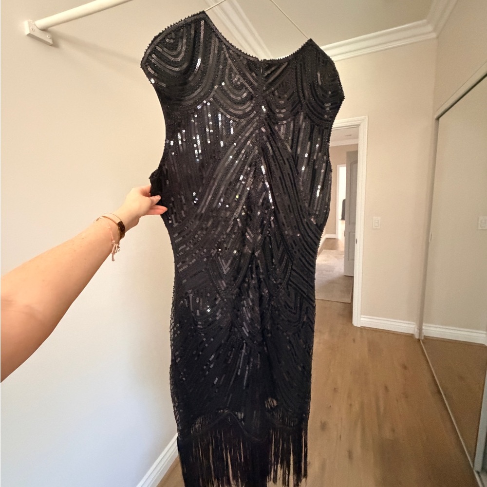 Black Sequin Fringe Sleeveless Party Dress - Picture 3 of 5